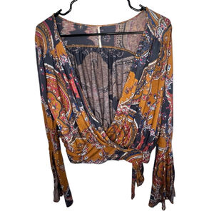 Free People Fiona's Wrap Paisley Bohemian Blouse With Bell Sleeves